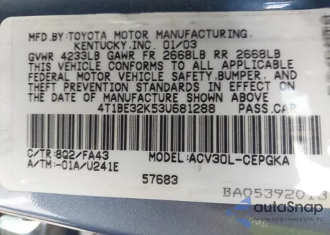 2003 Toyota Camry Xle from USA, damaged, VIN 4T1BE32K53U681288